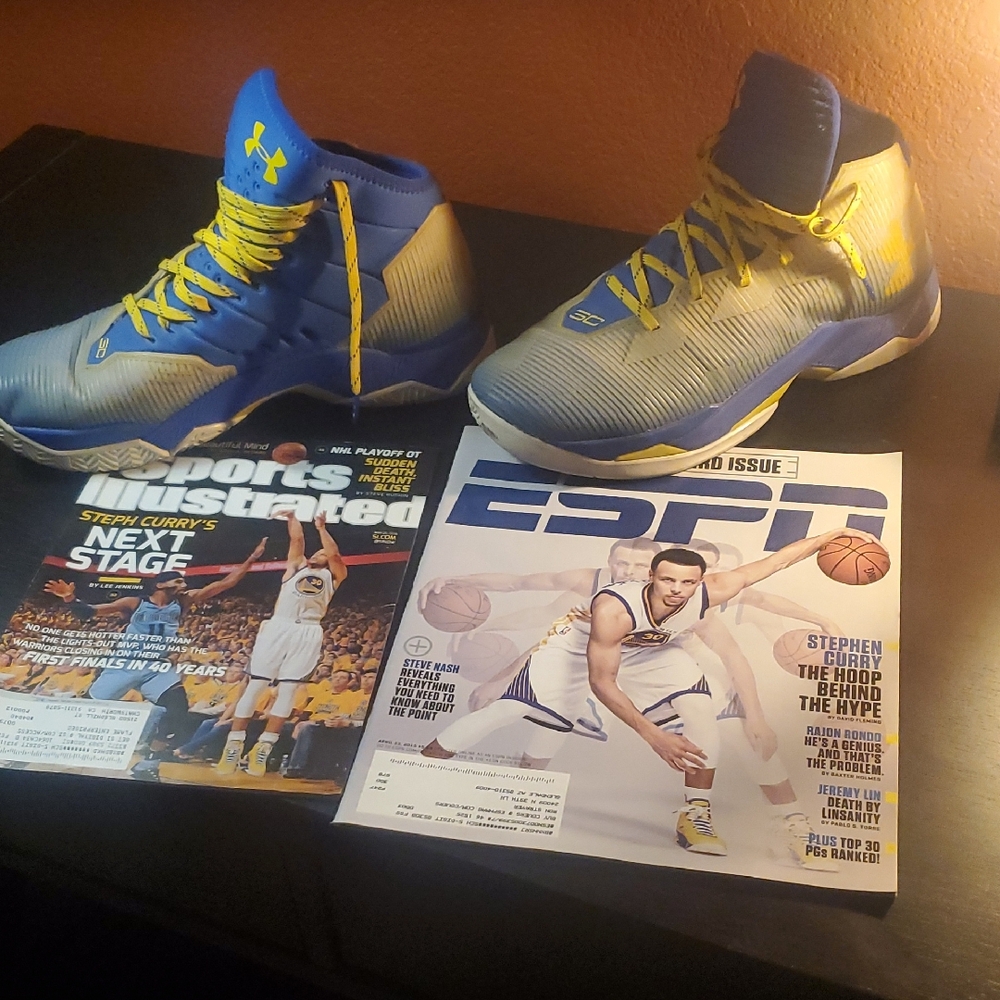Under Armour  Stephen Curry Blue and Yellow High-Top Sneakers. Shoes only.